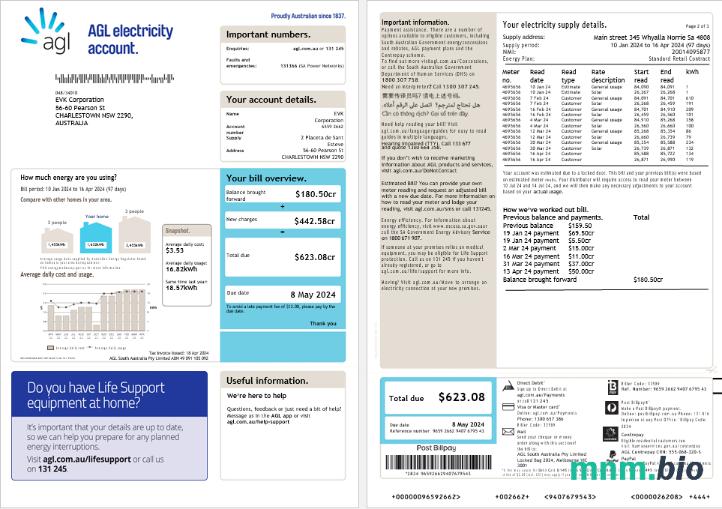 Australia AGL electricity account energy rachunek za usługi komunalne, 3 strony, Wersja 2